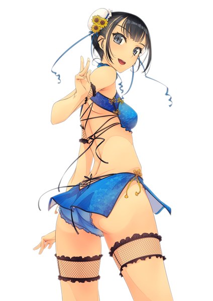 Anime picture 1131x1600 with original murakami suigun single tall image short hair open mouth blue eyes light erotic black hair simple background white background hair flower hair bun (hair buns) girl hair ornament flower (flowers) swimsuit bikini bikini skirt