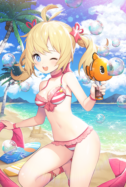 Anime picture 1200x1778 with original kuang (kzhw7588) single tall image looking at viewer blush fringe short hair breasts open mouth blue eyes light erotic blonde hair smile standing twintails bare shoulders holding payot sky