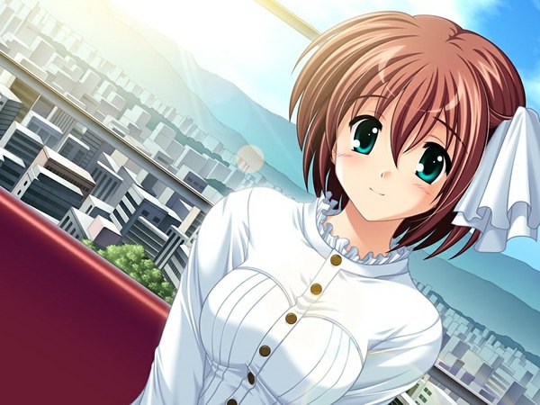 Anime picture 1024x768 with koi q! brown hair green eyes game cg girl