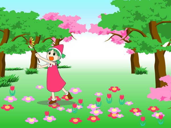 Anime picture 1280x960 with yotsubato koiwai yotsuba single short hair open mouth green eyes :d green hair gradient background flat color girl dress flower (flowers) plant (plants) tree (trees) sunflower pink dress flower field tulip