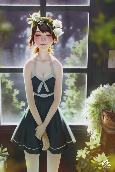 Anime picture 667x1000 with original webang111 single long hair tall image looking at viewer blush fringe smile brown hair standing bare shoulders brown eyes signed cleavage indoors parted lips hair flower lips sunlight