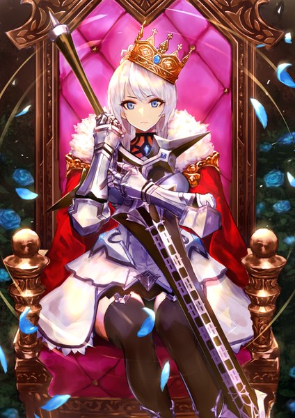 Anime picture 5787x8185 with king's raid scarlet (king's raid) yaoya musuko single long hair tall image looking at viewer fringe highres blue eyes hair between eyes sitting holding absurdres silver hair fur trim girl thighhighs flower (flowers) weapon