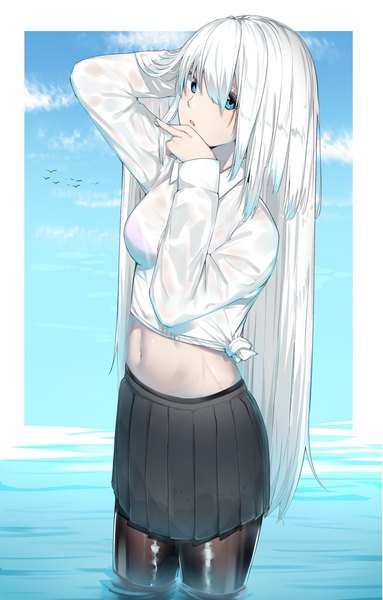Anime picture 1308x2048 with original suzuharu toufu single long hair tall image blush fringe blue eyes light erotic standing sky cloud (clouds) white hair blunt bangs long sleeves head tilt pleated skirt arms up midriff wet