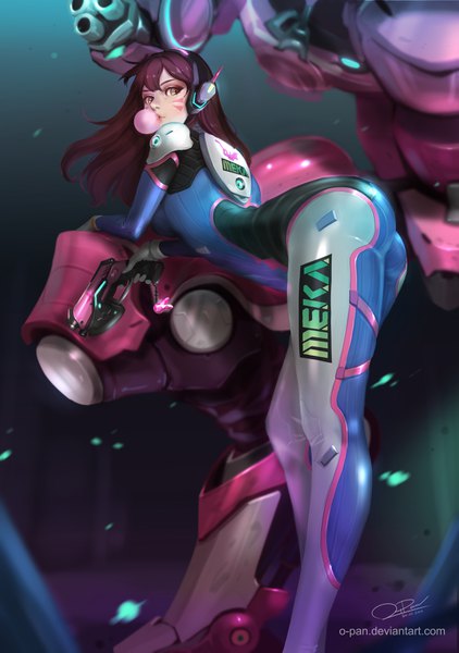 Anime picture 2463x3502 with overwatch blizzard entertainment d.va (overwatch) meka (overwatch) o-pan single long hair tall image looking at viewer fringe highres light erotic brown hair standing holding brown eyes signed ass looking back from behind