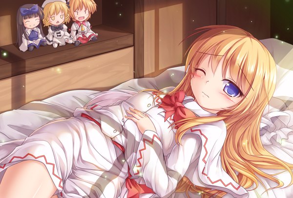 Anime picture 1600x1080 with touhou lily white star sapphire luna child sunny milk lzh single long hair looking at viewer blush fringe short hair open mouth black hair blonde hair smile purple eyes yellow eyes lying blunt bangs