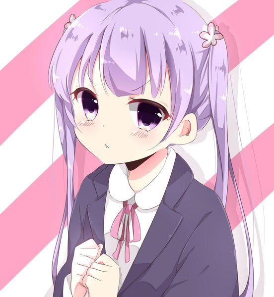 Anime picture 1884x2048 with new game! doga kobo suzukaze aoba kiyo (yamazoe1122) single long hair tall image blush fringe highres purple eyes twintails looking away purple hair upper body striped background girl