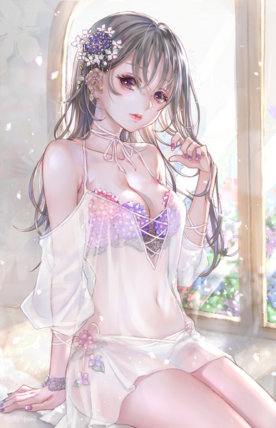 Anime picture 750x1160 with original ao+beni single long hair tall image looking at viewer blush fringe breasts light erotic hair between eyes sitting purple eyes bare shoulders signed cleavage nail polish parted lips fingernails lips