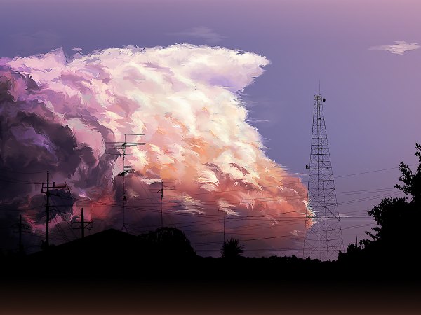 Anime picture 1200x900 with original ryouma (galley) sky cloud (clouds) evening sunset landscape nature power lines antenna