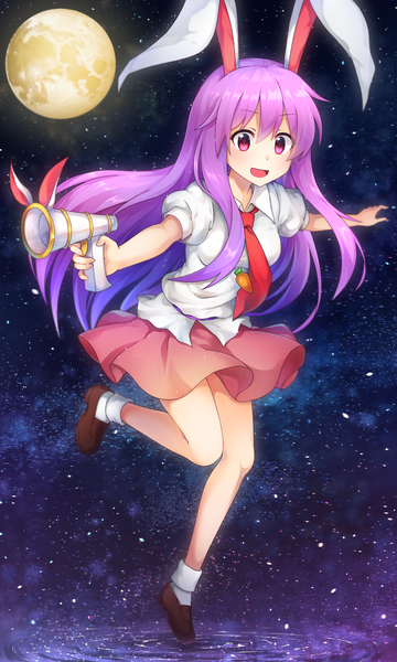 Anime picture 900x1500 with touhou reisen udongein inaba caramell0501 single long hair tall image open mouth animal ears purple hair full body bent knee (knees) :d pink eyes bunny ears spread arms space girl necktie moon star (stars)