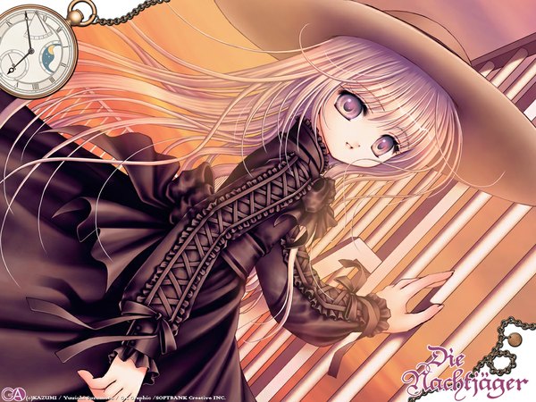 Anime picture 1024x768 with die nachtjager freyja nachtjager plastic moon single long hair smile silver hair wind dutch angle wallpaper evening sunset silver eyes lolita fashion goth-loli against fence dress hat clock straw hat