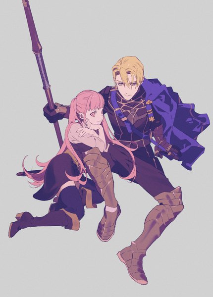 Anime picture 800x1116 with fire emblem fire emblem: three houses nintendo dimitri alexandre blaiddyd hilda valentine goneril zatsu7wy long hair tall image looking at viewer fringe short hair blue eyes simple background blonde hair smile hair between eyes sitting twintails holding pink hair