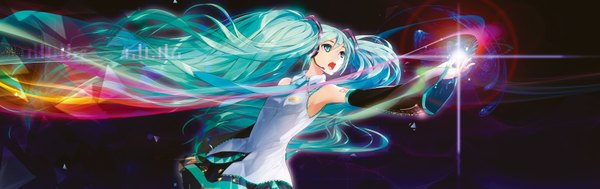 Anime picture 3600x1134 with vocaloid hatsune miku single long hair highres open mouth wide image twintails bare shoulders looking away very long hair aqua eyes aqua hair dark background girl skirt hair ornament detached sleeves necktie