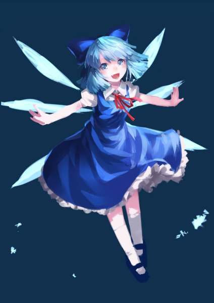 Anime picture 848x1200 with touhou cirno junwool single tall image blush short hair open mouth blue eyes simple background blue hair teeth fang (fangs) spread arms girl bow hair bow wings socks white socks
