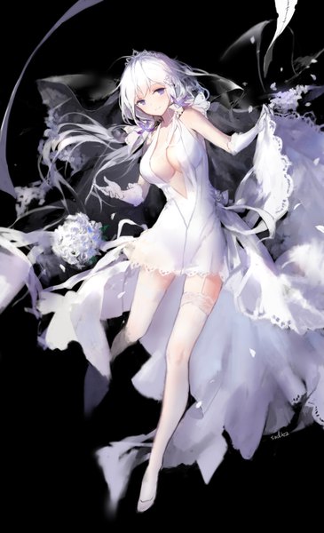 Anime picture 1250x2050 with azur lane illustrious (azur lane) illustrious (morning star of love and hope) (azur lane) swd3e2 single long hair tall image looking at viewer breasts light erotic large breasts purple eyes twintails signed cleavage full body white hair official art zettai ryouiki low twintails