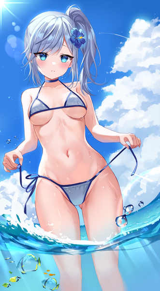 Anime picture 1104x2000 with original mayo (miyusa) single long hair tall image looking at viewer blush breasts blue eyes light erotic large breasts standing payot sky cloud (clouds) hair flower sunlight wet embarrassed partially submerged