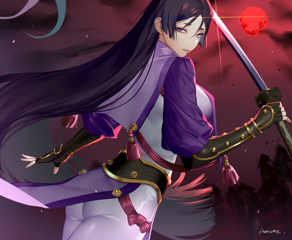 Anime picture 1200x988 with fate (series) fate/grand order minamoto no raikou (fate) inanome me single looking at viewer black hair purple eyes signed payot sky ass very long hair looking back from behind eyebrows red moon red sky girl gloves