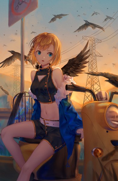 Anime picture 900x1382 with original ji dao ji single tall image looking at viewer fringe short hair open mouth blue eyes sitting bare shoulders sky bent knee (knees) outdoors braid (braids) wind orange hair off shoulder arm support open jacket