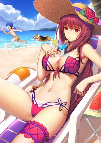 Anime picture 800x1131 with fate (series) fate/grand order fate/stay night scathach (fate) (all) cu chulainn (fate) scathach (swimsuit assassin) (fate) cu chulainn (fate/grand order) tagme (artist) long hair tall image looking at viewer blush fringe breasts light erotic smile hair between eyes red eyes sitting blue hair