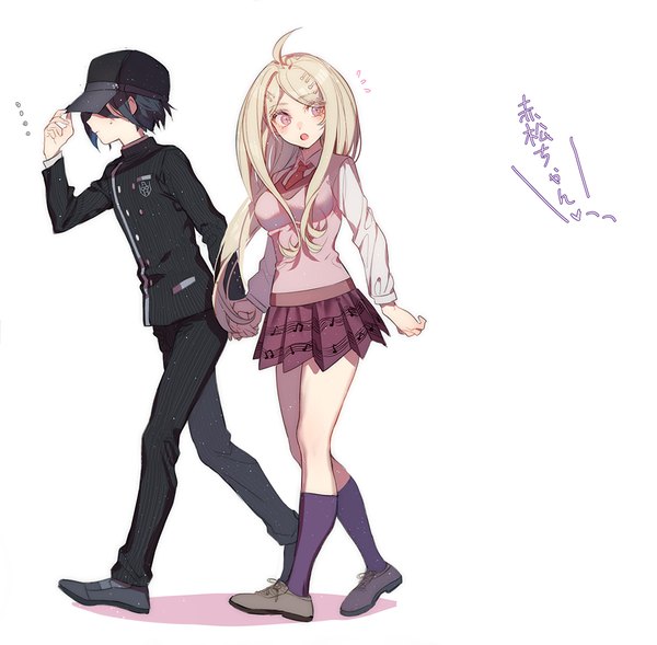 Anime picture 999x982 with dangan ronpa new danganronpa v3 saihara shuuichi akamatsu kaede zuizi long hair short hair open mouth black hair simple background blonde hair white background purple eyes full body ahoge profile couple character names holding hands walking