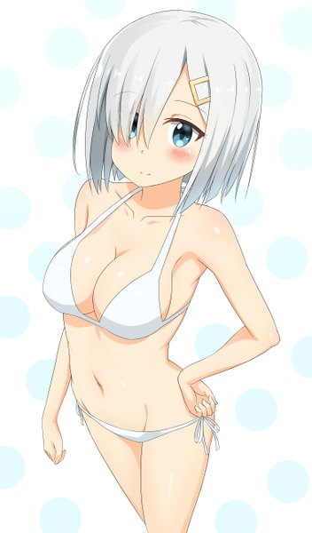 Anime picture 1525x2593 with kantai collection hamakaze destroyer nedia (nedia region) single tall image looking at viewer blush fringe short hair breasts blue eyes light erotic smile large breasts standing bare shoulders silver hair from above hair over one eye groin