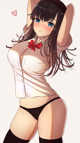 Anime picture 945x1680 with original kannko bokujou single long hair tall image looking at viewer blush fringe breasts blue eyes light erotic black hair simple background hair between eyes large breasts standing cleavage parted lips sunlight arms up