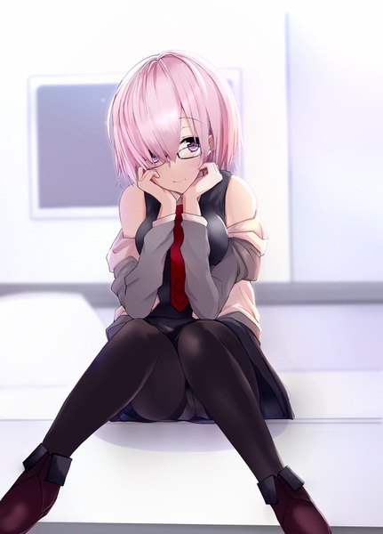 Anime picture 1000x1393 with fate (series) fate/grand order mash kyrielight rikudou inuhiko single tall image looking at viewer blush fringe short hair light erotic sitting purple eyes pink hair full body indoors blurry hair over one eye off shoulder open jacket