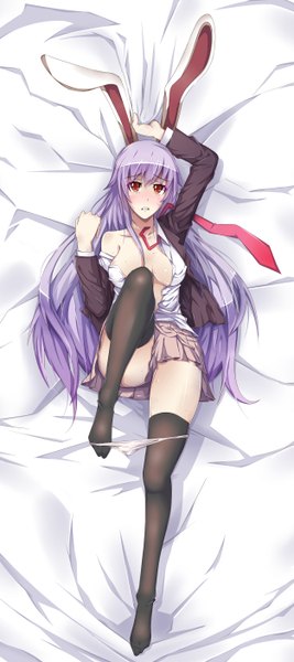 Anime picture 1250x2800 with touhou reisen udongein inaba paparins (artist) single long hair tall image blush light erotic red eyes purple hair lying barefoot open clothes bunny ears open shirt legs bunny girl girl thighhighs skirt