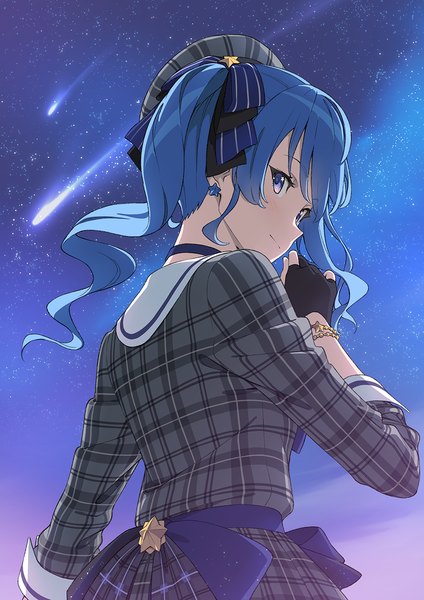 Anime picture 955x1351 with virtual youtuber hololive hoshimachi suisei hoshimachi suisei (1st costume) kanzaki hiro single long hair tall image blue eyes blue hair upper body looking back from behind one side up shooting star girl dress earrings choker bracelet