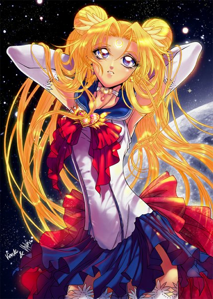 Anime picture 750x1049 with bishoujo senshi sailor moon toei animation tsukino usagi sailor moon sureya (artist) single long hair tall image blue eyes blonde hair twintails very long hair hair bun (hair buns) alternate costume looking up arms behind head space girl thighhighs gloves