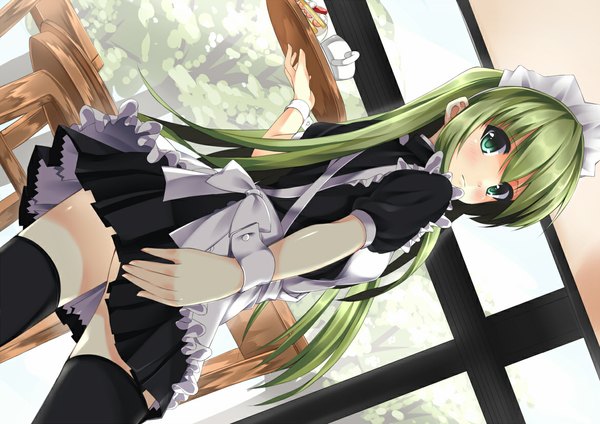 Anime picture 1168x827 with original higashi mikuni single long hair looking at viewer blush green eyes pleated skirt green hair maid girl thighhighs skirt bow black thighhighs frills headdress sweets maid headdress cup