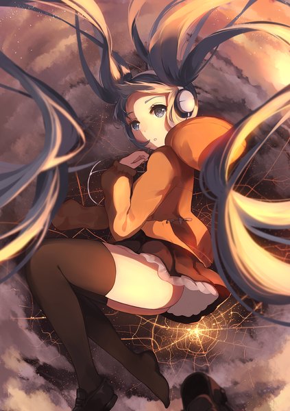 Anime picture 1163x1648 with vocaloid hatsune miku gkn levi tall image light erotic twintails very long hair black eyes :o frilly skirt dark hair shoe dangle girl thighhighs black thighhighs shoes frills headphones hood hoodie