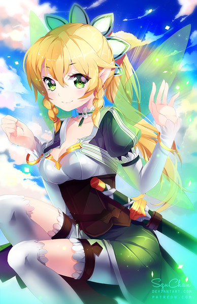 Anime picture 809x1250 with sword art online a-1 pictures leafa squchan single long hair tall image looking at viewer blush fringe blonde hair smile hair between eyes green eyes signed sky cloud (clouds) bent knee (knees) ponytail braid (braids)