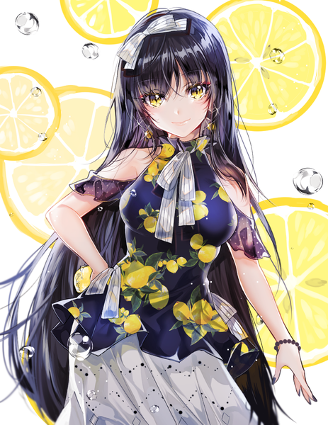 Anime picture 926x1200 with original kimpeul single tall image looking at viewer blush fringe breasts black hair simple background smile hair between eyes standing white background bare shoulders holding signed yellow eyes very long hair nail polish