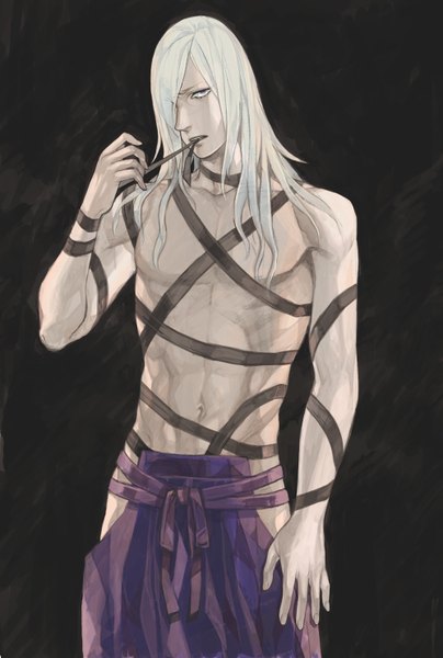 Anime picture 1000x1484 with sengoku basara production i.g akechi mitsuhide takase (harakiri) single long hair tall image looking at viewer fringe light erotic purple eyes holding white hair traditional clothes hair over one eye mouth hold black background ribbon in mouth boy navel