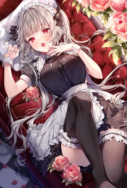 Anime picture 1340x1978 with original taya oco single long hair tall image blush fringe open mouth red eyes twintails signed looking away silver hair bent knee (knees) indoors lying blunt bangs :o short sleeves maid