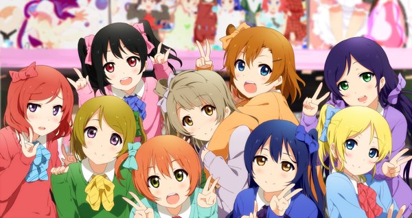 Anime picture 1883x1000 with love live! school idol project sunrise (studio) love live! nishikino maki yazawa nico toujou nozomi minami kotori ayase eli sonoda umi kousaka honoka hoshizora rin koizumi hanayo ogipote long hair looking at viewer blush highres short hair open mouth blue eyes