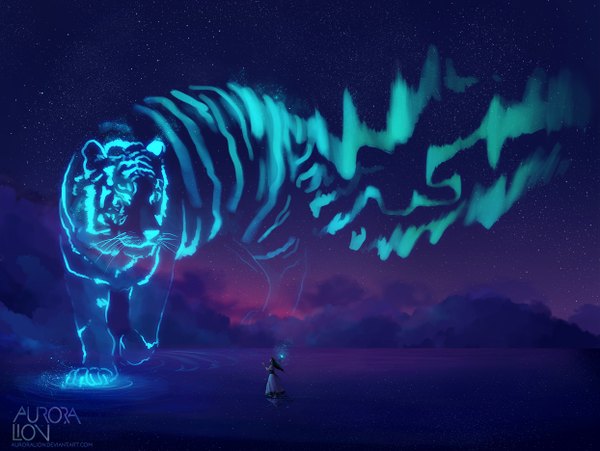 Anime picture 1243x936 with original auroralion long hair black hair standing cloud (clouds) night night sky outstretched arm aurora borealis girl dress animal water star (stars) staff blue dress tiger