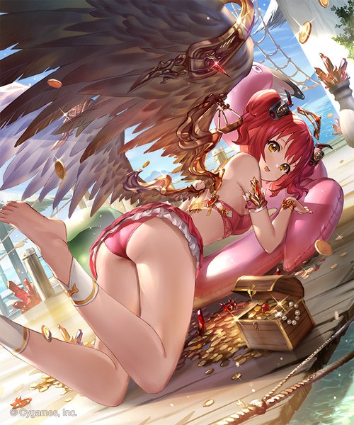 Anime picture 750x900 with shingeki no bahamut ruby (shingeki no bahamut) 77gl single tall image looking at viewer fringe short hair open mouth light erotic smile twintails yellow eyes sky outdoors ass red hair lying :d barefoot