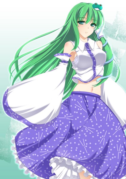 Anime picture 1444x2042 with touhou kochiya sanae negamaro single long hair tall image green eyes long sleeves green hair girl skirt detached sleeves animal skirt set hair tubes snake