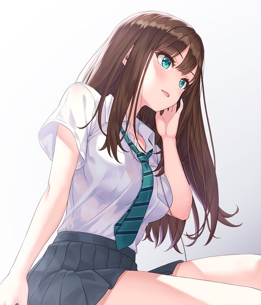 Anime picture 855x1000 with idolmaster idolmaster cinderella girls shibuya rin hhama single long hair tall image blush fringe breasts open mouth simple background brown hair sitting green eyes looking away pleated skirt short sleeves open collar girl