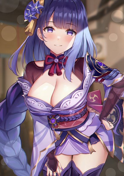 Anime picture 4950x7000 with genshin impact raiden shogun eric (tianqijiang) single long hair tall image looking at viewer blush fringe highres breasts light erotic large breasts sitting purple eyes payot absurdres cleavage purple hair indoors