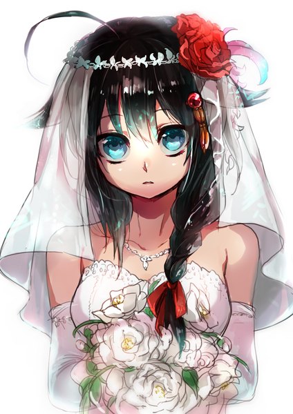 Anime picture 1000x1414 with kantai collection shigure destroyer kai ri single long hair tall image looking at viewer highres breasts blue eyes black hair simple background white background bare shoulders ahoge braid (braids) hair flower remodel (kantai collection) girl dress