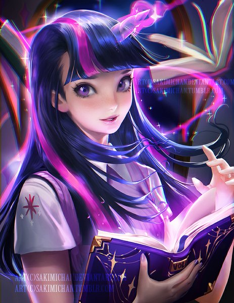 Anime picture 695x900 with my little pony twilight sparkle sakimichan single long hair tall image looking at viewer fringe black hair smile purple eyes signed pink hair purple hair nail polish parted lips multicolored hair horn (horns) lips realistic