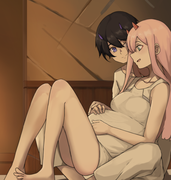 Anime picture 2851x3004 with darling in the franxx studio trigger zero two (darling in the franxx) hiro (darling in the franxx) todding long hair tall image blush fringe highres short hair breasts open mouth blue eyes light erotic black hair smile hair between eyes large breasts sitting