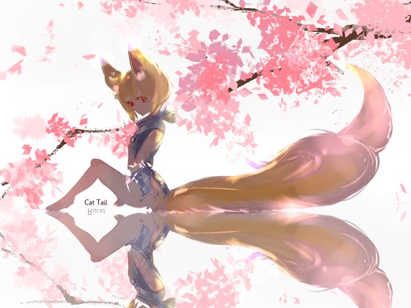 Anime picture 1600x1200 with original rucaz (wata okami) single looking at viewer fringe short hair light erotic blonde hair red eyes sitting animal ears bent knee (knees) tail animal tail sunlight fox ears cherry blossoms fox tail fox girl reflection