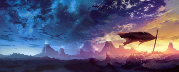 Anime picture 4000x1609 with tengen toppa gurren lagann gainax highres wide image absurdres sky cloud (clouds) scan night sky evening sunset mountain no people landscape scenic spoilers volcano sword katana star (stars)