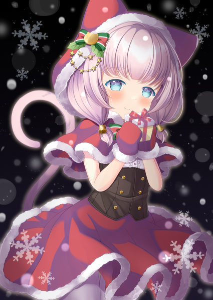 Anime picture 2508x3541 with original hajime yo single long hair tall image looking at viewer blush fringe highres blue eyes smile twintails pink hair tail animal tail cat girl cat tail loli low twintails christmas
