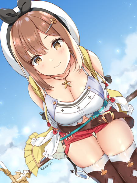 Anime picture 1368x1824 with atelier (series) atelier ryza gust (company) reisalin stout kaetzchen single tall image looking at viewer blush fringe short hair breasts light erotic smile hair between eyes brown hair standing brown eyes signed payot