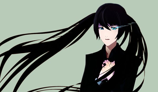 Anime picture 1176x686 with black rock shooter black rock shooter (character) arsenixc single long hair blue eyes black hair simple background wide image twintails very long hair glowing glowing eye (eyes) hands clasped girl jewelry ring