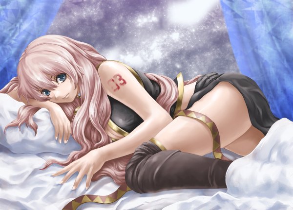 Anime picture 1200x864 with vocaloid megurine luka fujipo single long hair looking at viewer fringe blue eyes light erotic smile hair between eyes pink hair lying nail polish aqua eyes tattoo reclining girl thighhighs black thighhighs